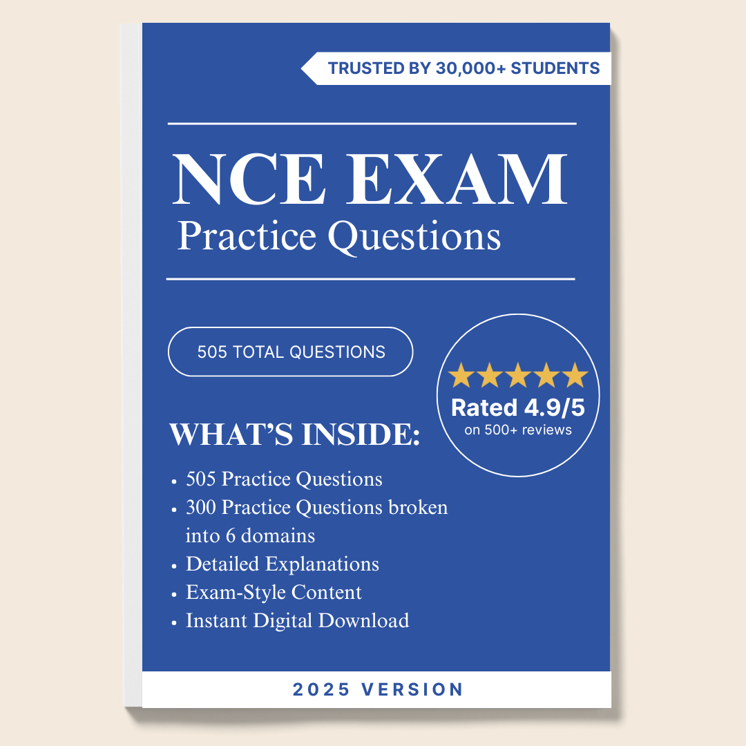 "Ultimate NCE Exam Prep Bundle with 905 Questions & Study Guide"