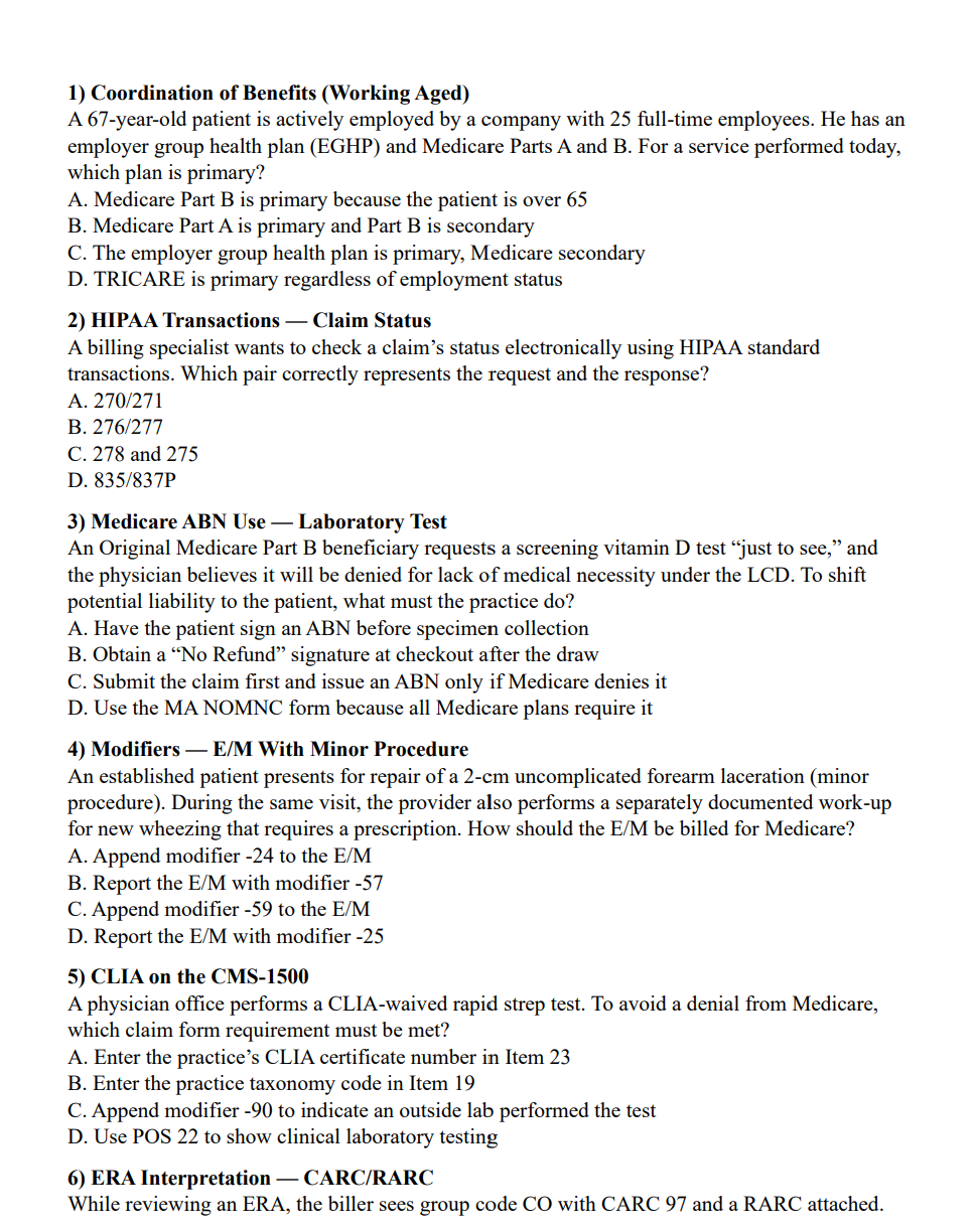 Document containing multiple-choice questions related to healthcare and insurance.