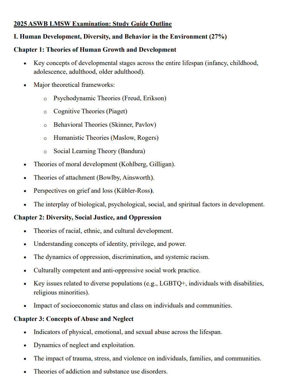 Outline of a study guide for a sociology course on human development, diversity, and behavior in the environment.