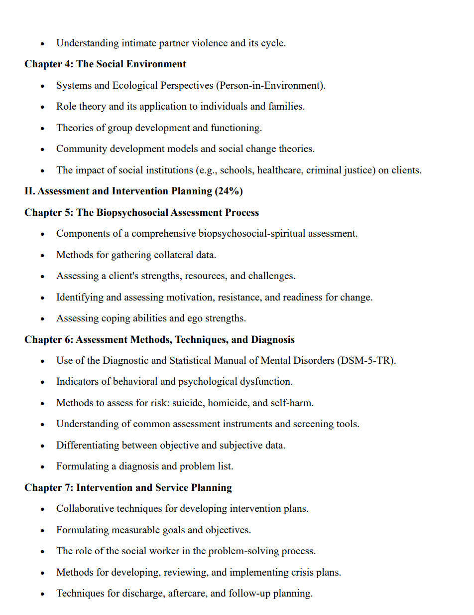 Outline of a course or educational module on social work, focusing on assessment, intervention, and service planning.
