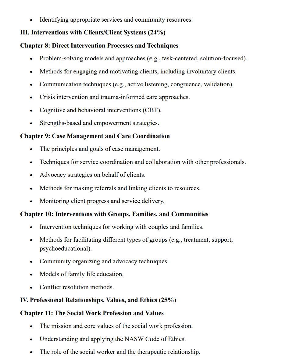 Text document outlining chapters and topics related to social work interventions, case management, and professional relationships.