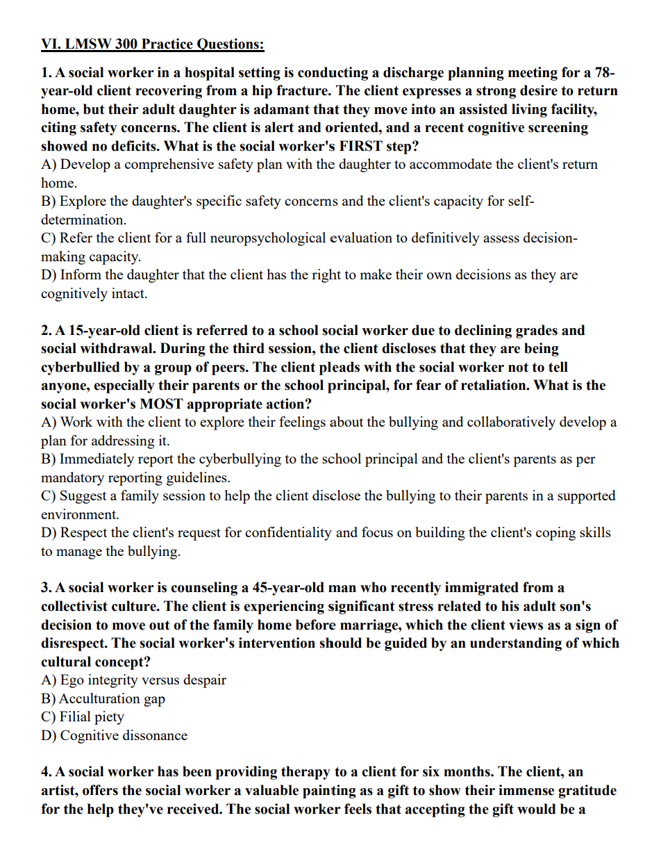 Text document with social work practice questions on a white background