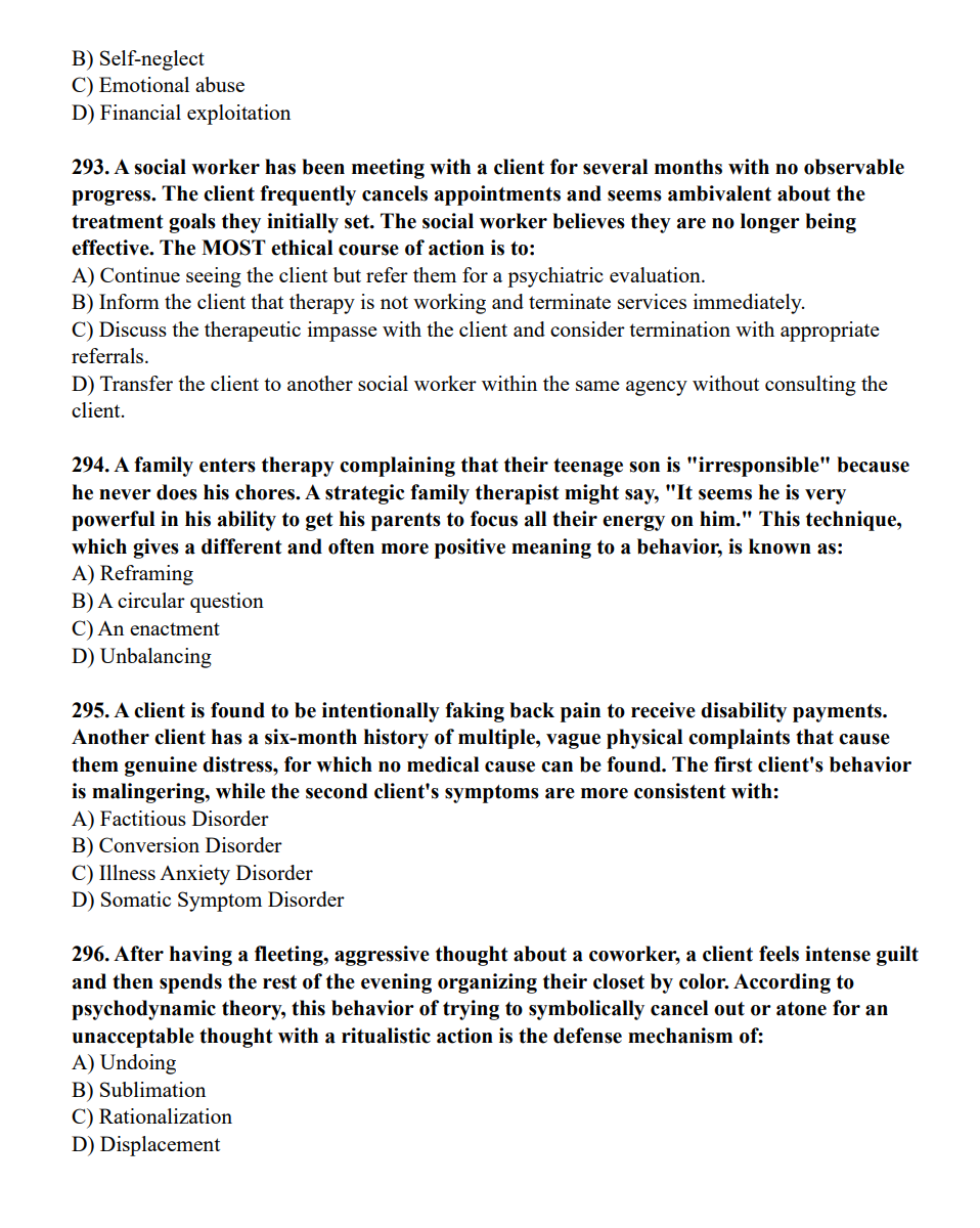 Multiple choice questions on therapy and client behavior with answer options.