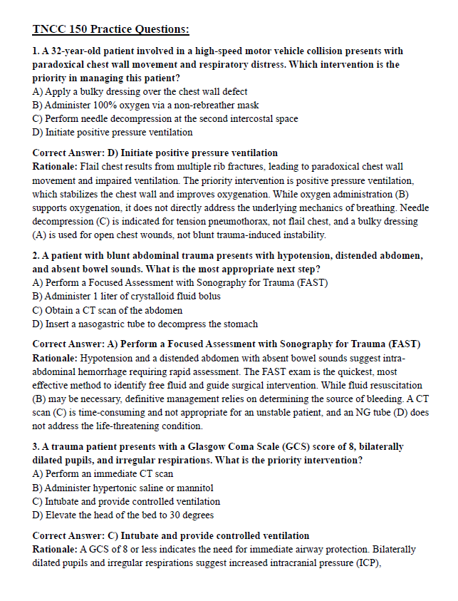 TNCC 2026 Study Guide – Trauma Nursing Core Concepts + Practice Questions | Digital Download