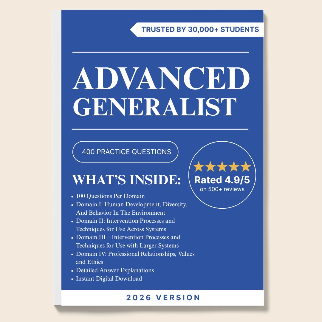 Advanced Generalist Practice Questions – 400 ASWB-Style Questions by Domain (Digital Download)