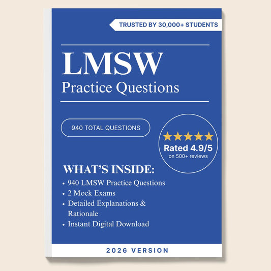 LMSW Practice Questions – 940 Total Questions (2 Full Mock Exams + 600 Domain-Based Practice) | Digital Download